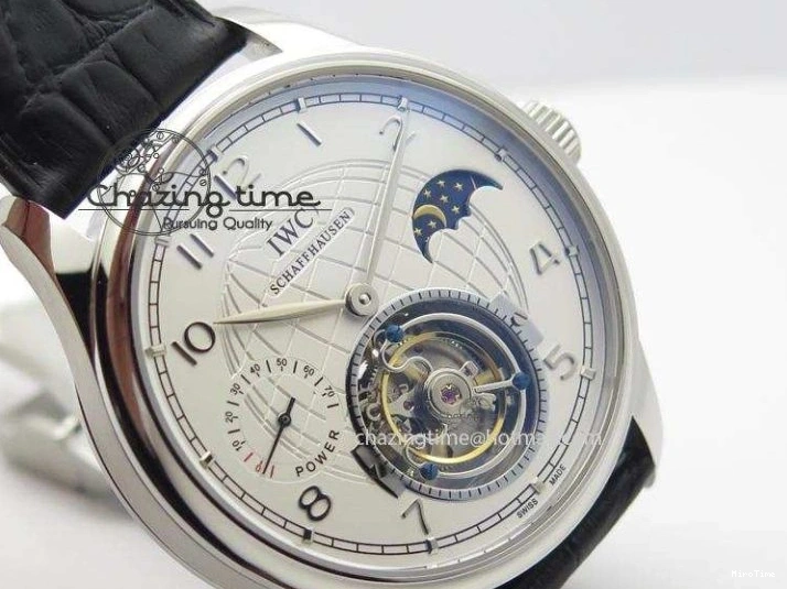 MIROTIME 0120 UrbanStyle Portuguese Tourbillon Power Reserve Moonphase SS White Dial On Black Leather Strap 7318